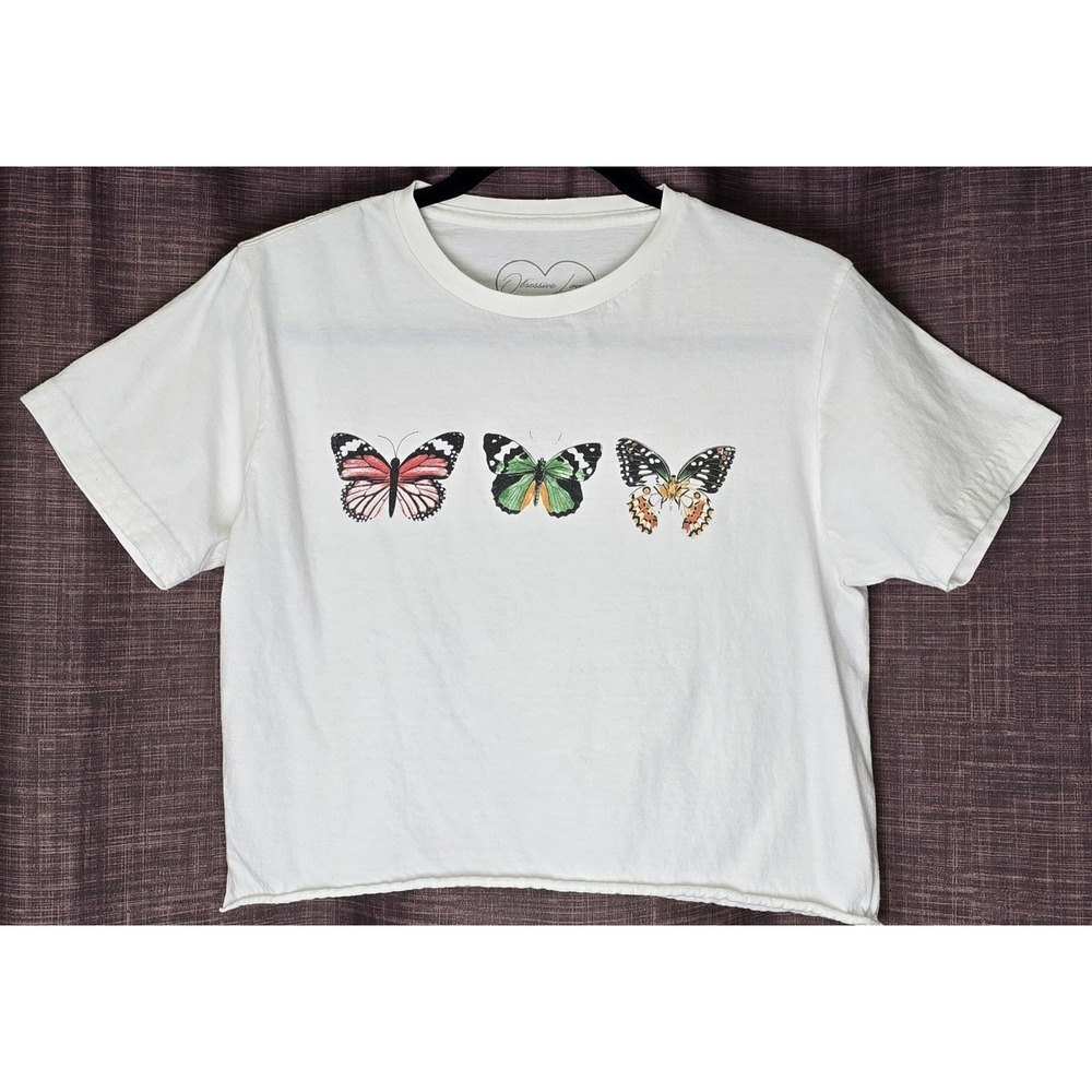 Obsessive Love Cropped T-Shirt Sz M White Butterflies 2 Sided Boho Festival‎